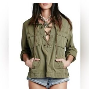 Free People Safari 100% Cotton Army Green Pullover Jacket $198 Retail Size L